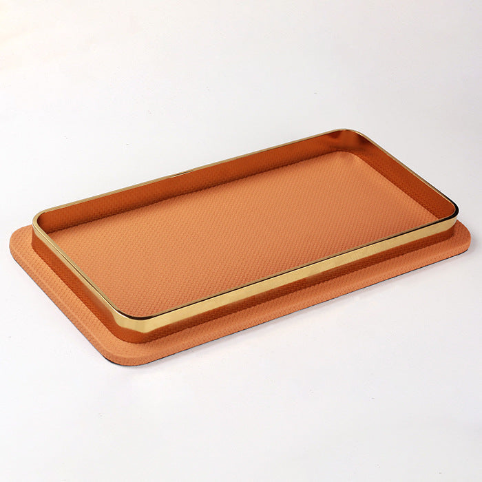 Tray in Embossed Leather with Metal Frame, Rectangular Decorative Tray