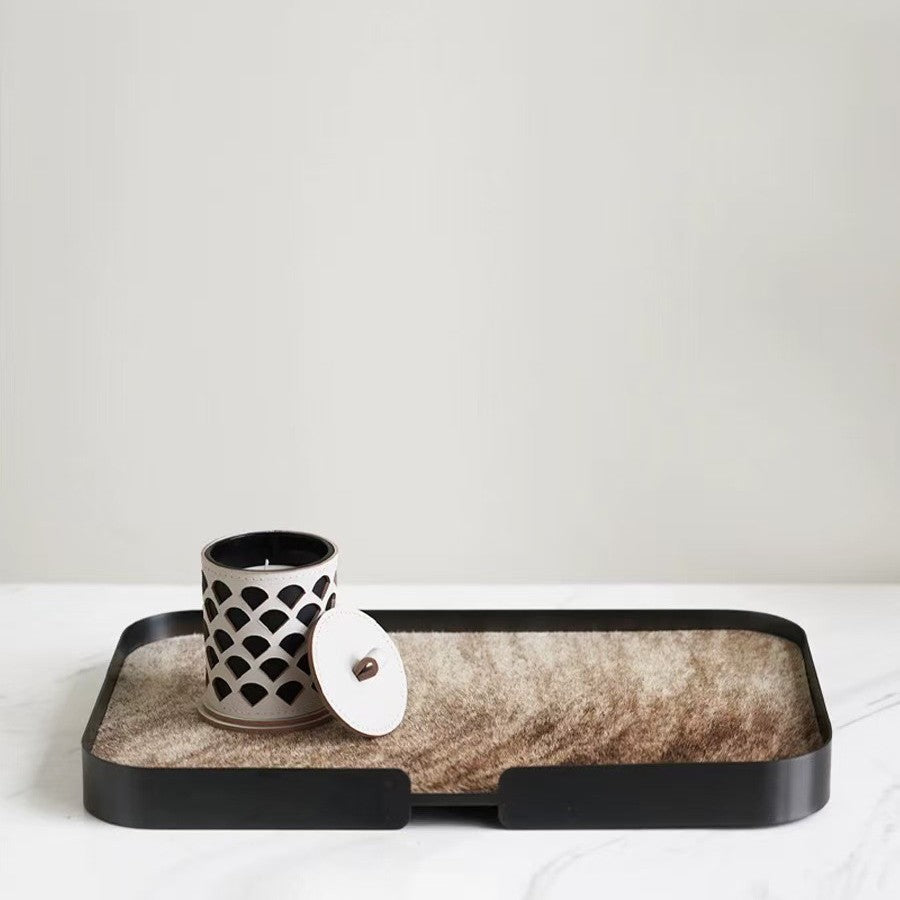 Tray in Natural Horsehide with Stainless Steel Frame, Rectangular