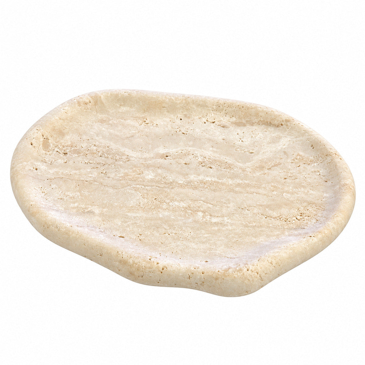 Tray in Solid Travertine, Hand-Sanded Organic Shape with Rounded Rim