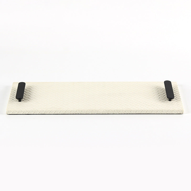 Tray in Woven Leather, Rectangular with Metal Handles