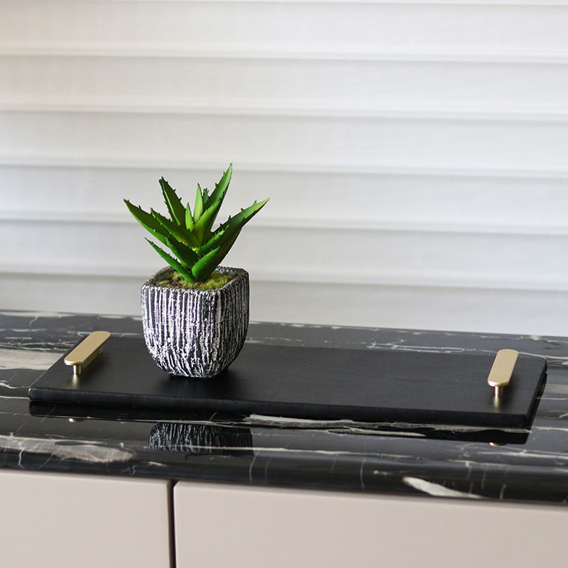 Tray in Woven Leather, Rectangular with Metal Handles