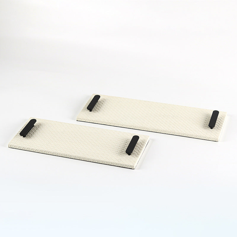 Tray in Woven Leather, Rectangular with Metal Handles