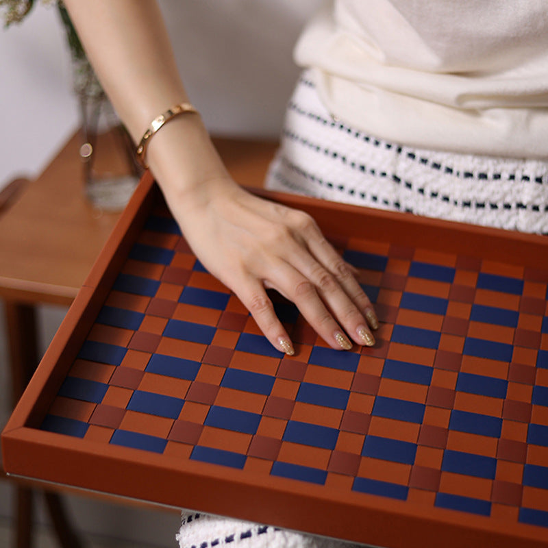 Tray in Woven Smooth Leather with Chequerboard Base and Raised Rim