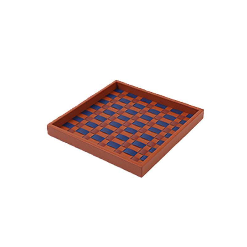 Tray in Woven Smooth Leather with Chequerboard Base and Raised Rim