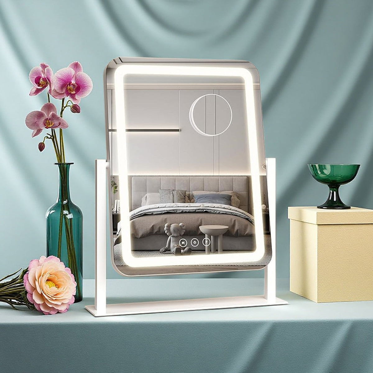 Vanity Mirror with Dimmable LED Frame, Mirror Glass and Metal Stand
