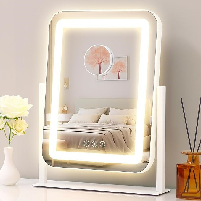Vanity Mirror with Dimmable LED Frame, Mirror Glass and Metal Stand