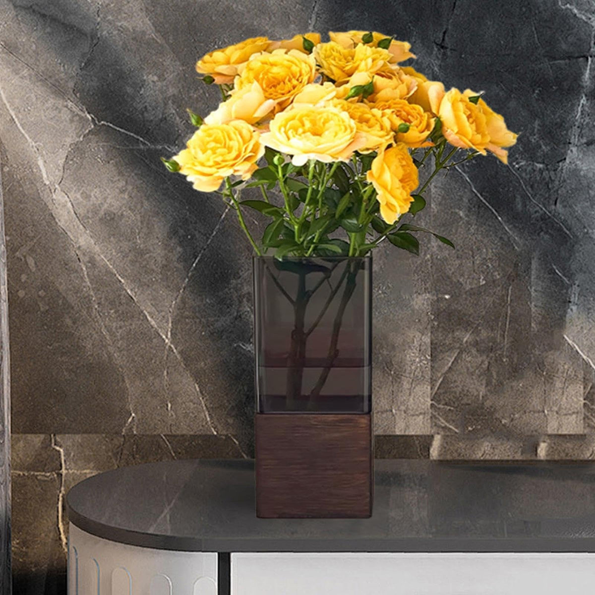 Vase in Acrylic with Wooden Base, Rectangular Shape and Removable Insert