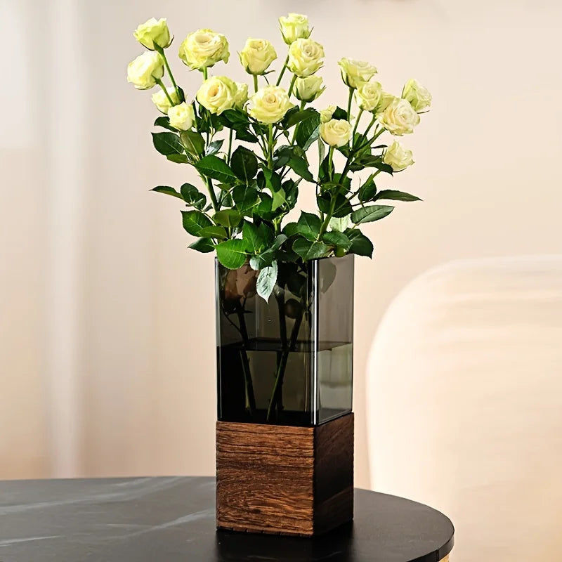 Vase in Acrylic with Wooden Base, Rectangular Shape and Removable Insert