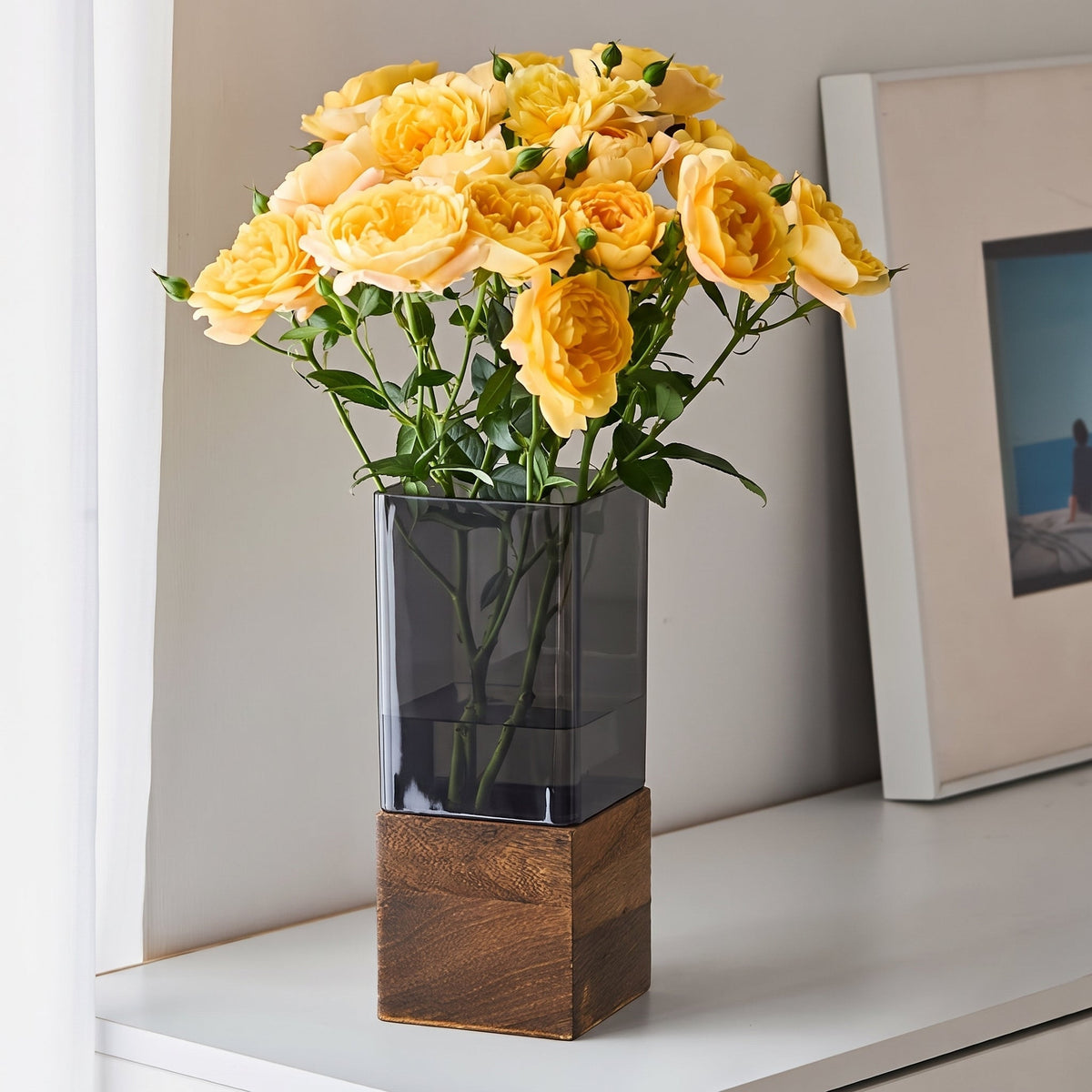 Vase in Acrylic with Wooden Base, Rectangular Shape and Removable Insert