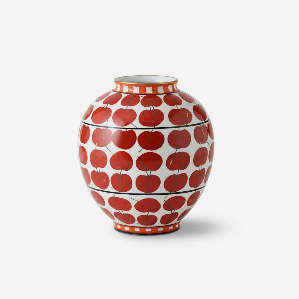 Vase in Glazed Ceramic, Hand-Painted Cherry Pattern, Watertight