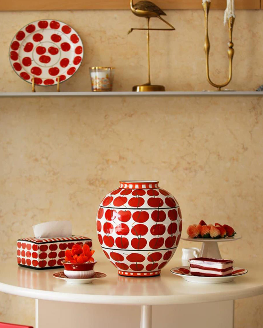 Vase in Glazed Ceramic, Hand-Painted Cherry Pattern, Watertight