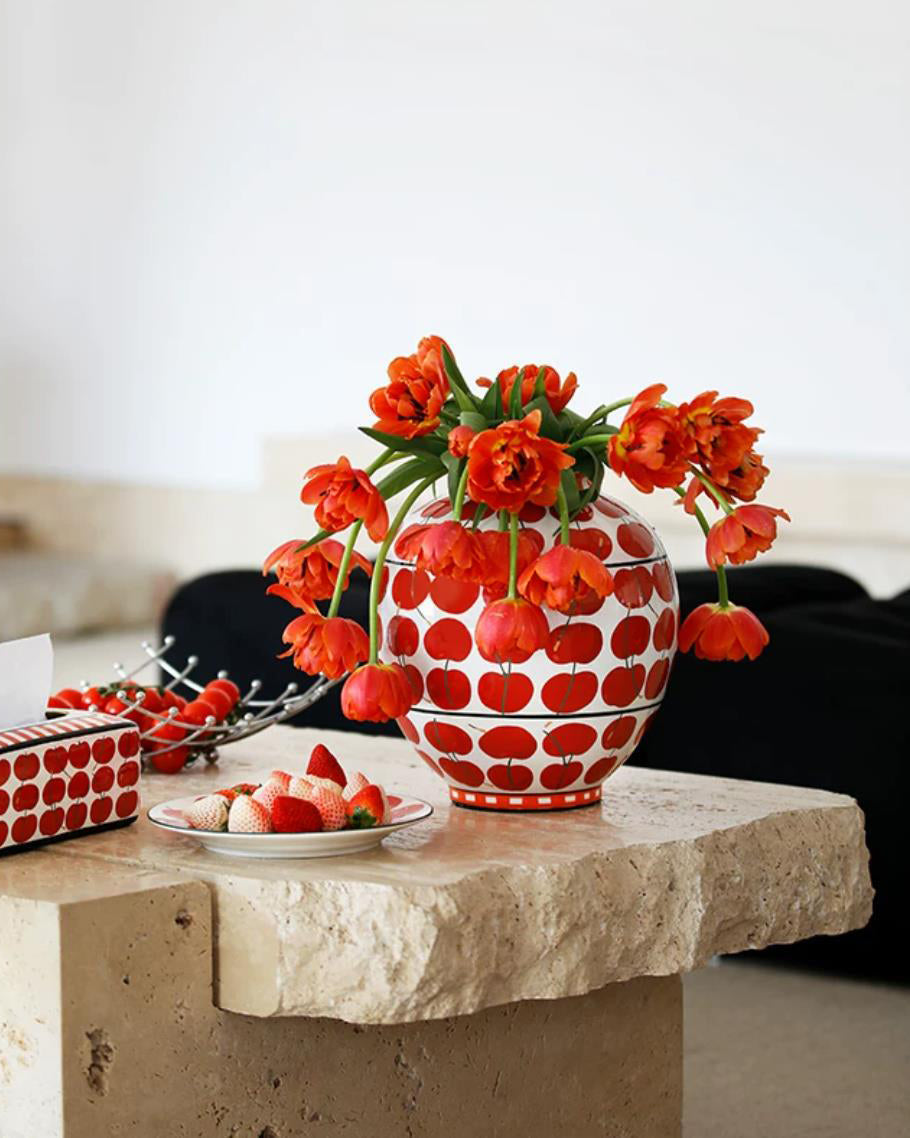 Vase in Glazed Ceramic, Hand-Painted Cherry Pattern, Watertight
