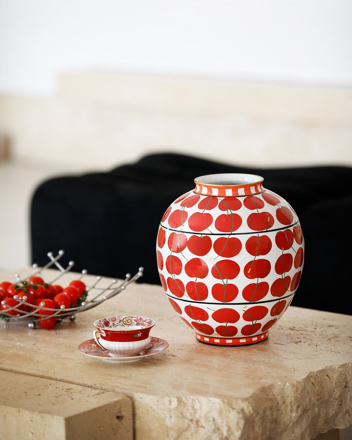 Vase in Glazed Ceramic, Hand-Painted Cherry Pattern, Watertight