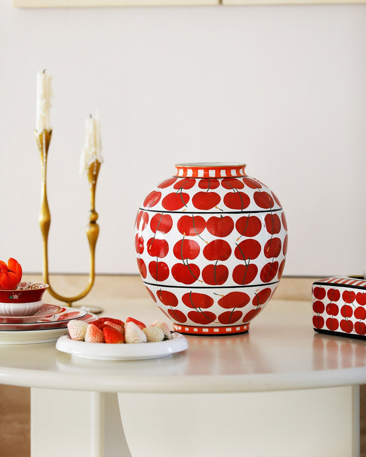 Vase in Glazed Ceramic, Hand-Painted Cherry Pattern, Watertight