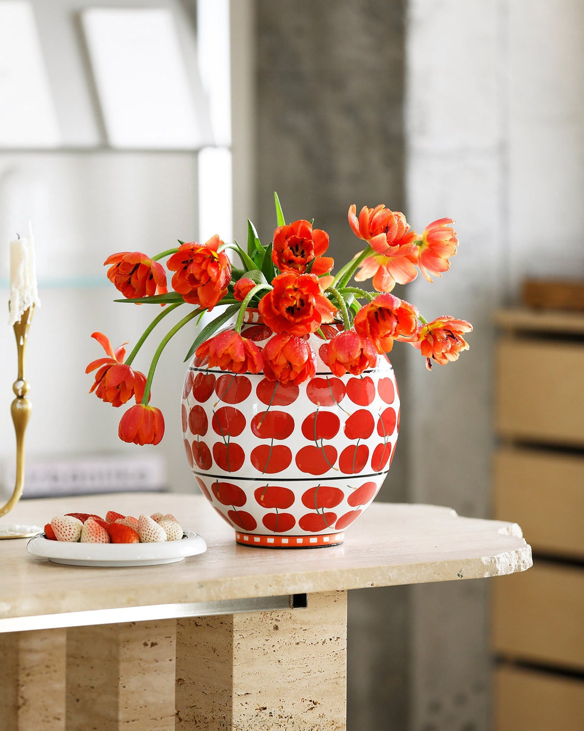 Vase in Glazed Ceramic, Hand-Painted Cherry Pattern, Watertight
