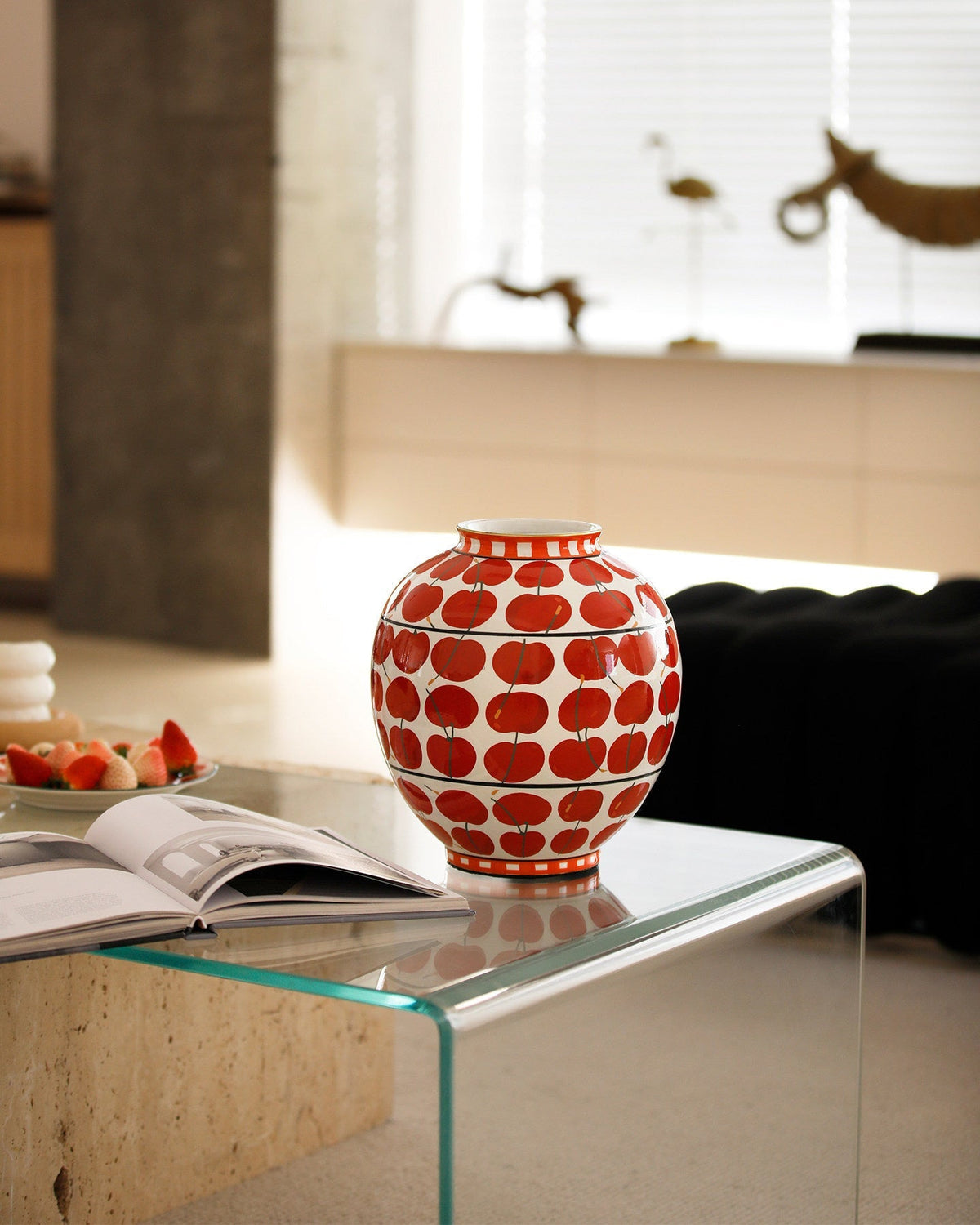 Vase in Glazed Ceramic, Hand-Painted Cherry Pattern, Watertight