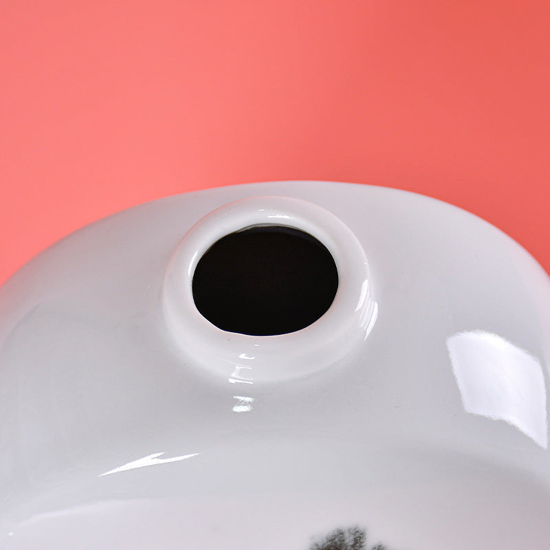 Vase in Glazed Ceramic with Lid, Hand-Painted Ink Landscape and Gold Line