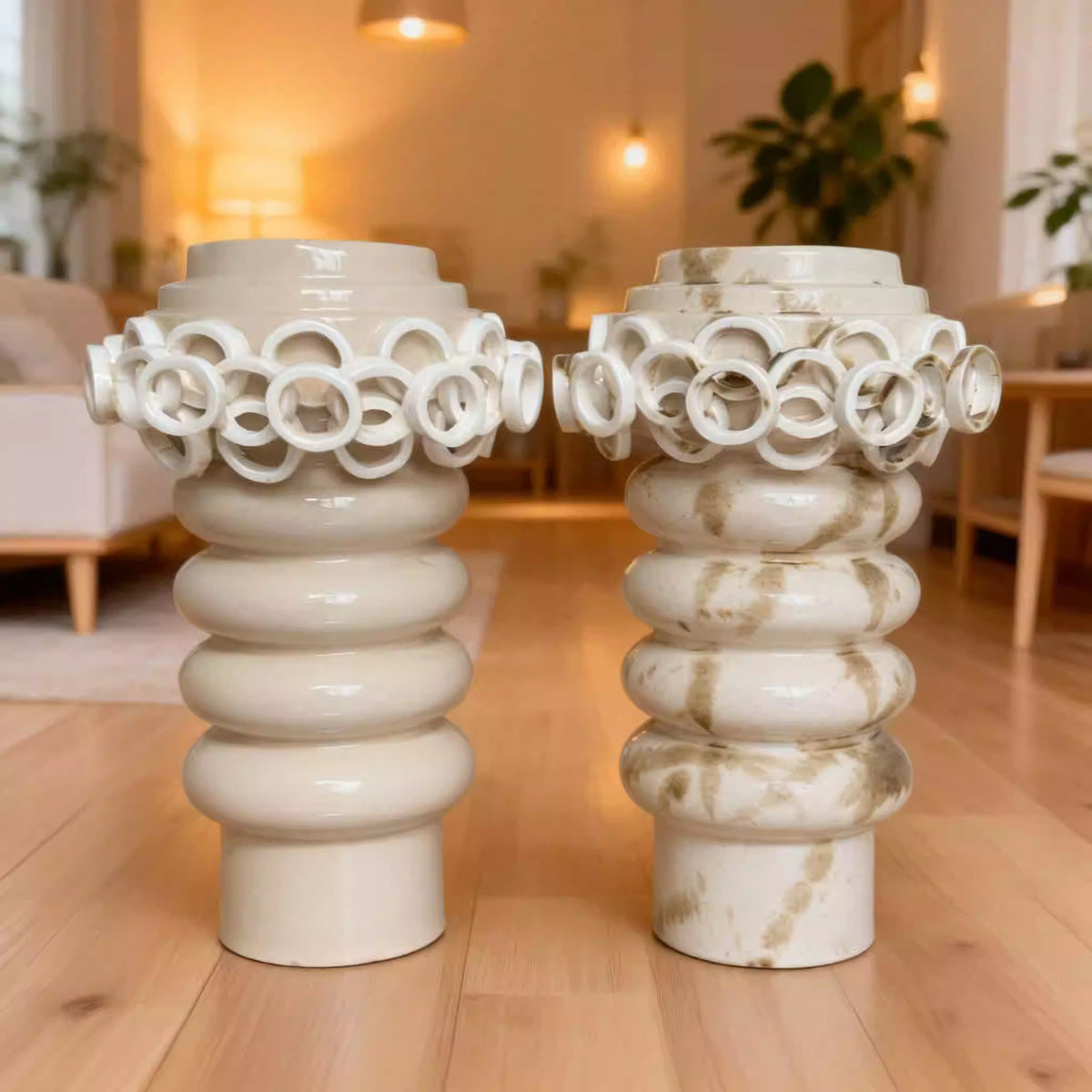 Vase in Glossy Glazed Ceramic with Hand-Shaped Ring Decoration