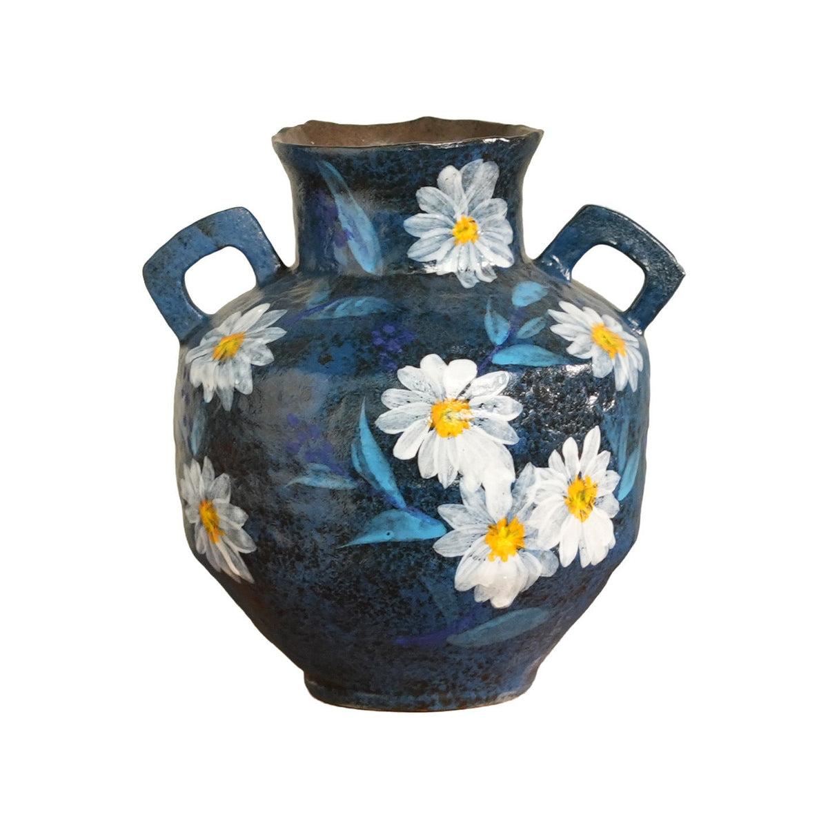 Vase in Hand-Painted Ceramic with Twin Handles and Daisy Decoration