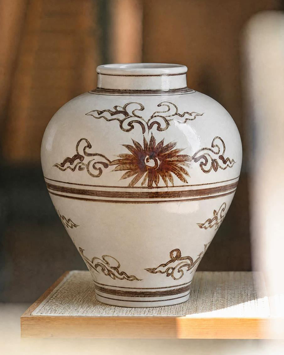 Vase in High-Fired Ceramic with Hand-Painted Motifs and Glaze