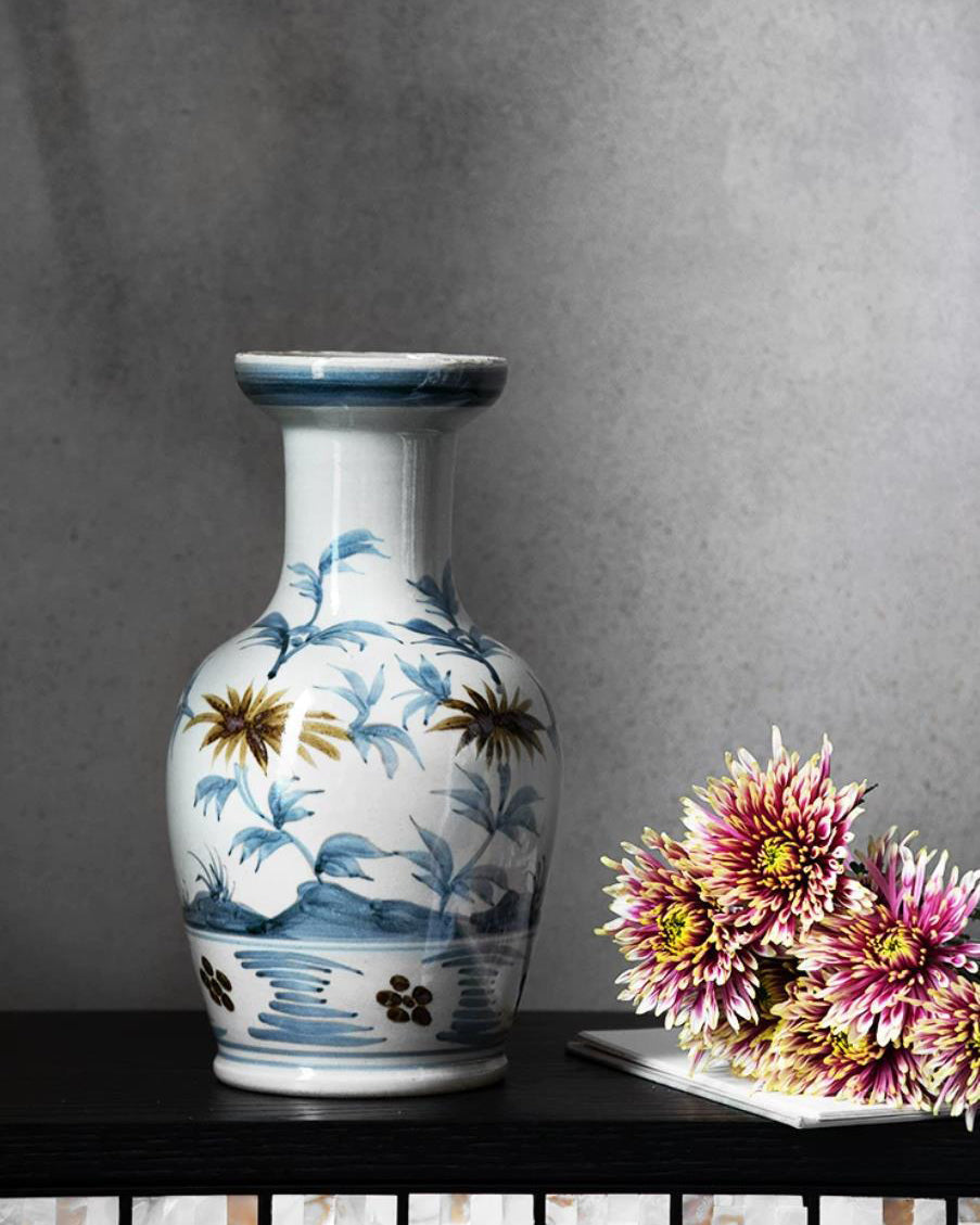 Vase in High-Fired Ceramic with Hand-Painted Motifs and Glaze