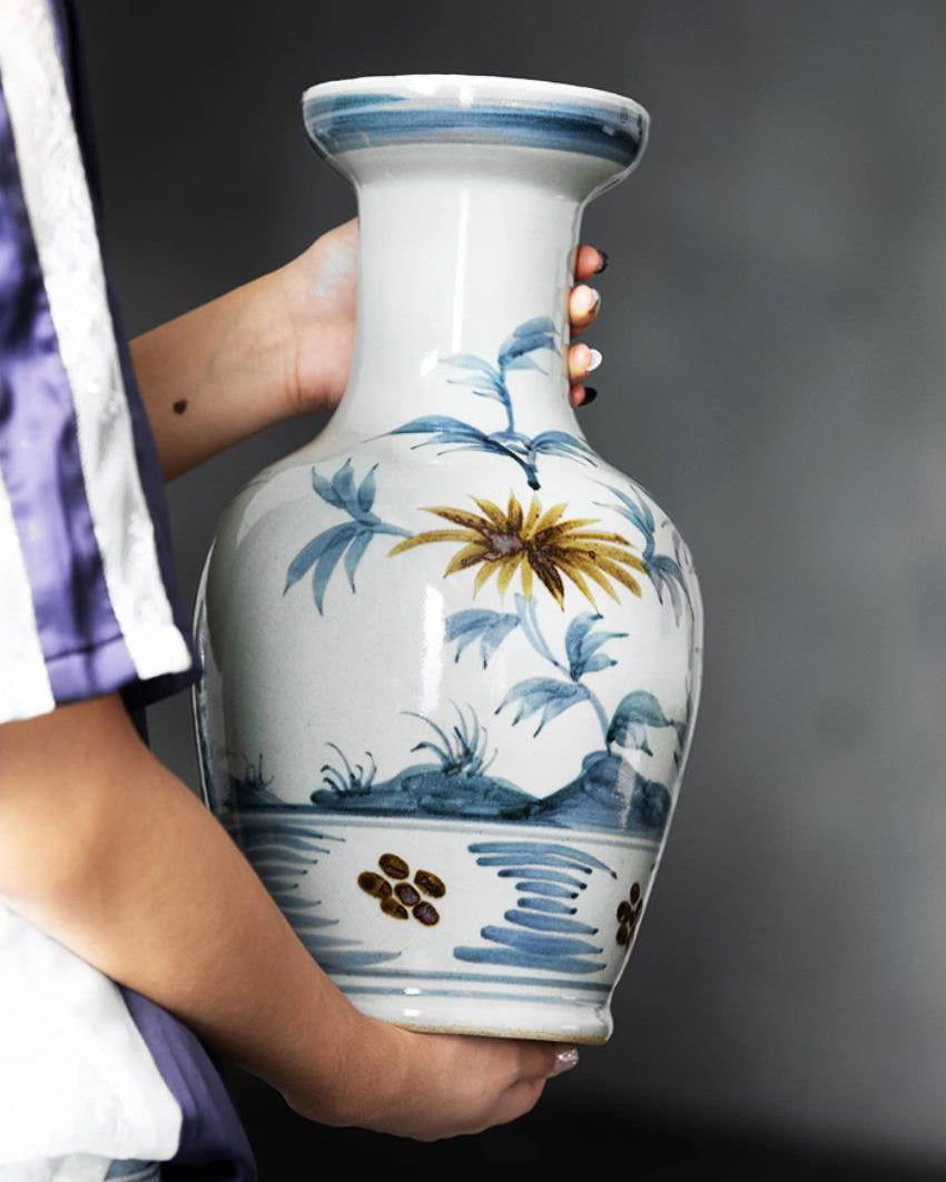 Vase in High-Fired Ceramic with Hand-Painted Motifs and Glaze