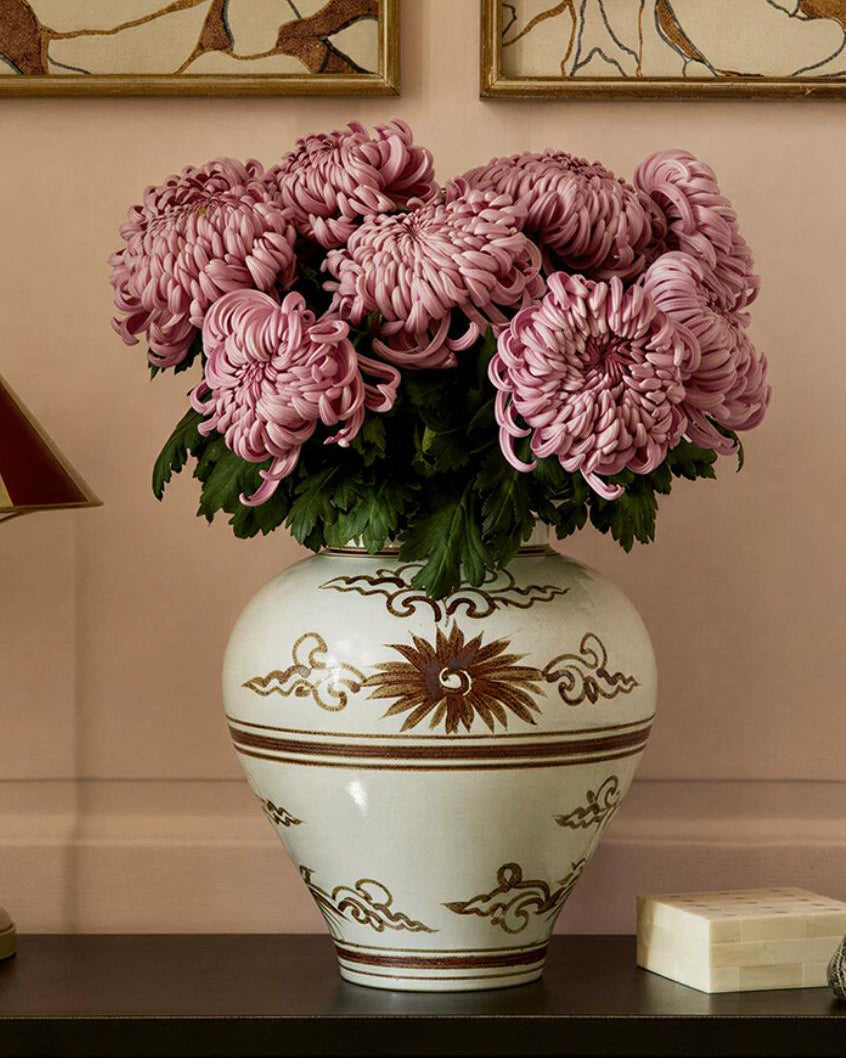 Vase in High-Fired Ceramic with Hand-Painted Motifs and Glaze