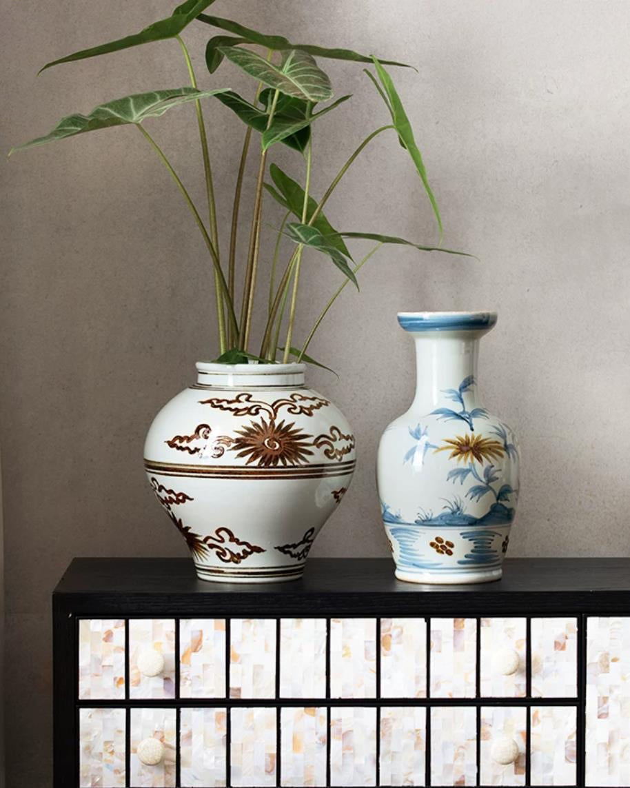 Vase in High-Fired Ceramic with Hand-Painted Motifs and Glaze