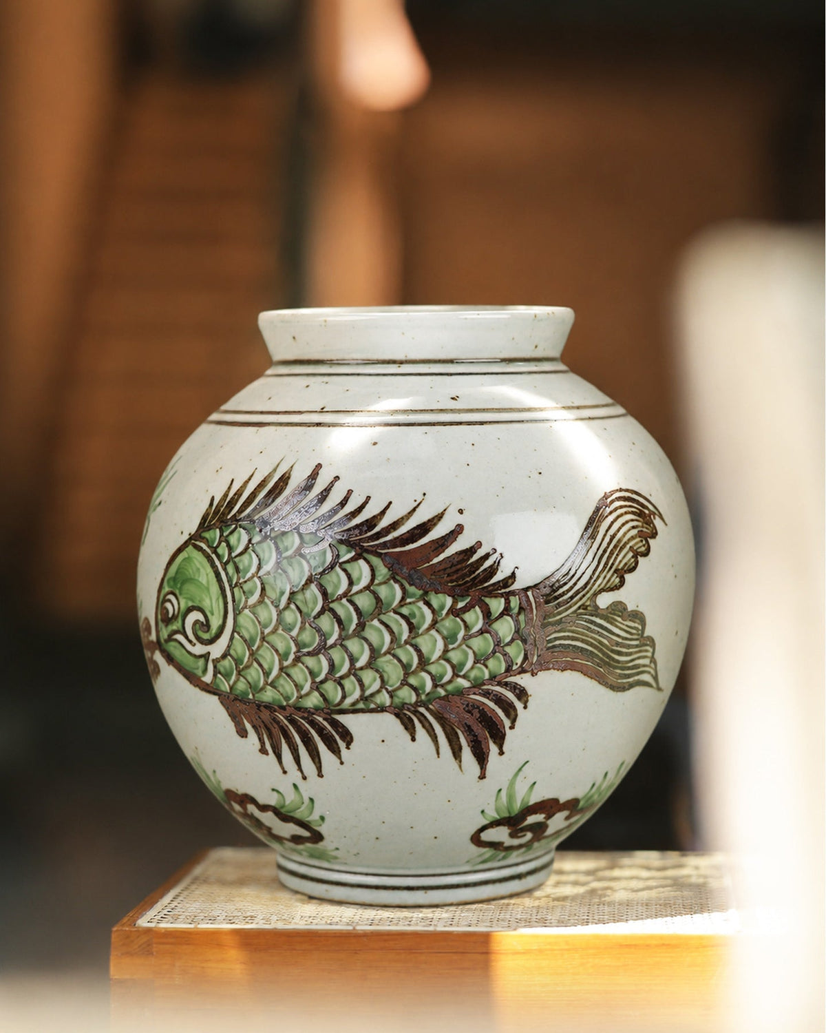 Vase in High-Fired Ceramic with Hand-Painted Motifs and Glaze