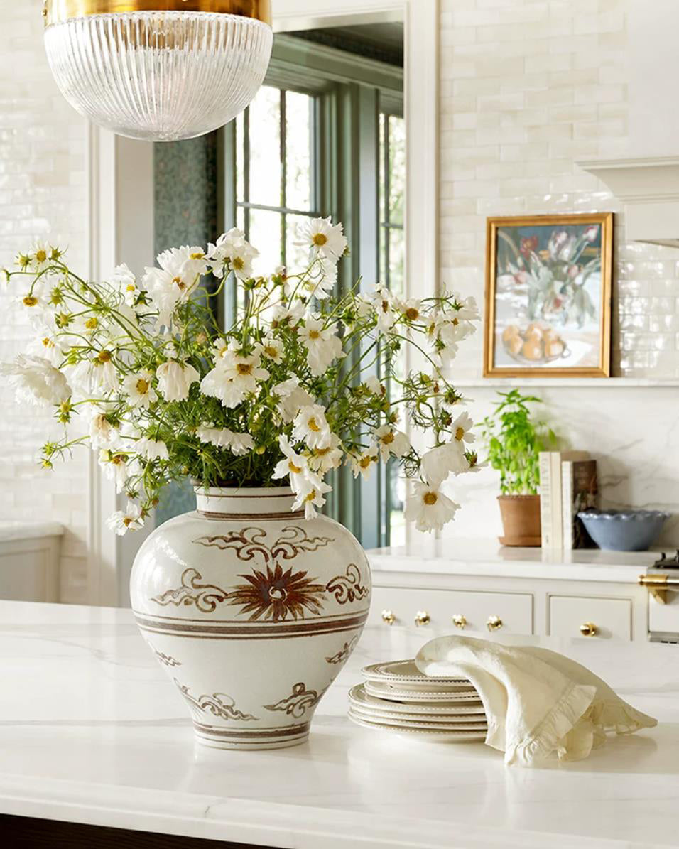 Vase in High-Fired Ceramic with Hand-Painted Motifs and Glaze