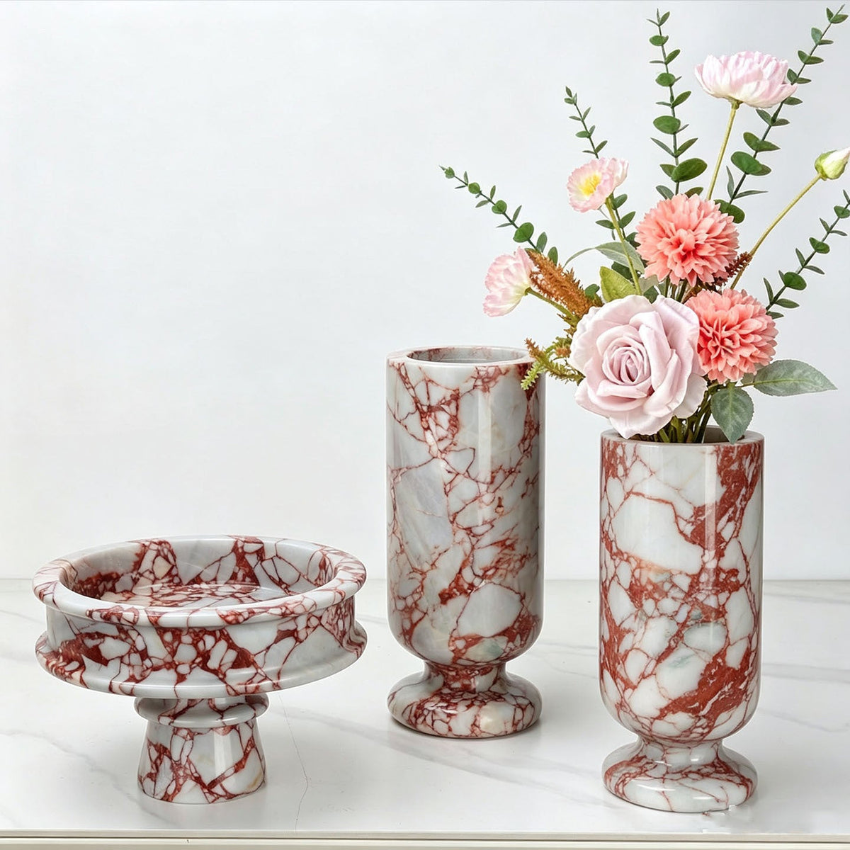 Vase in Solid Natural Marble with Round Pedestal Base, Cylindrical Shape