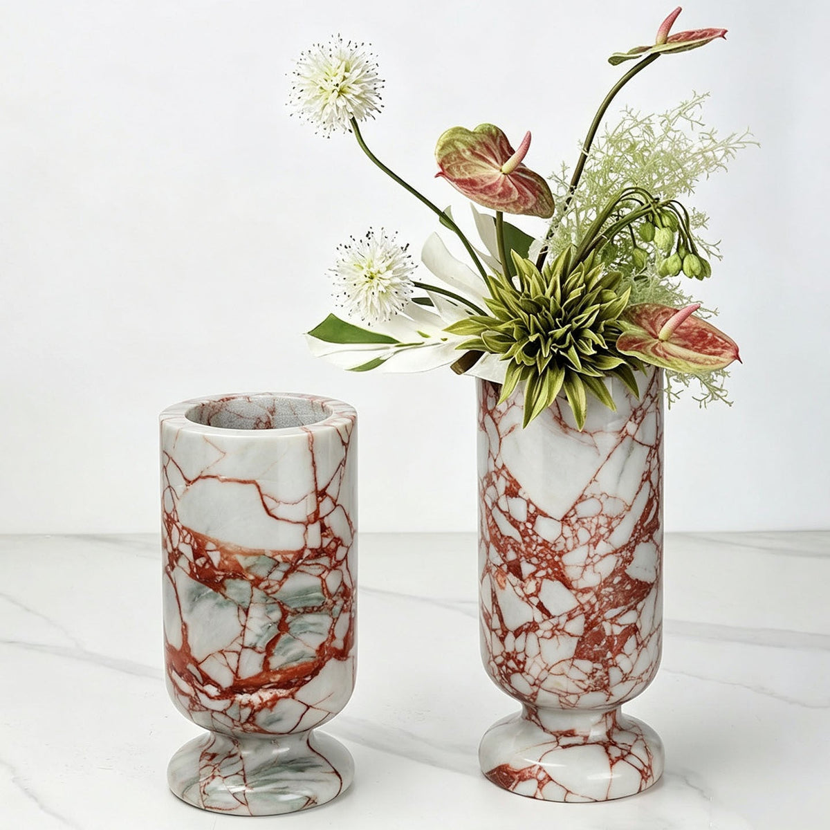Vase in Solid Natural Marble with Round Pedestal Base, Cylindrical Shape