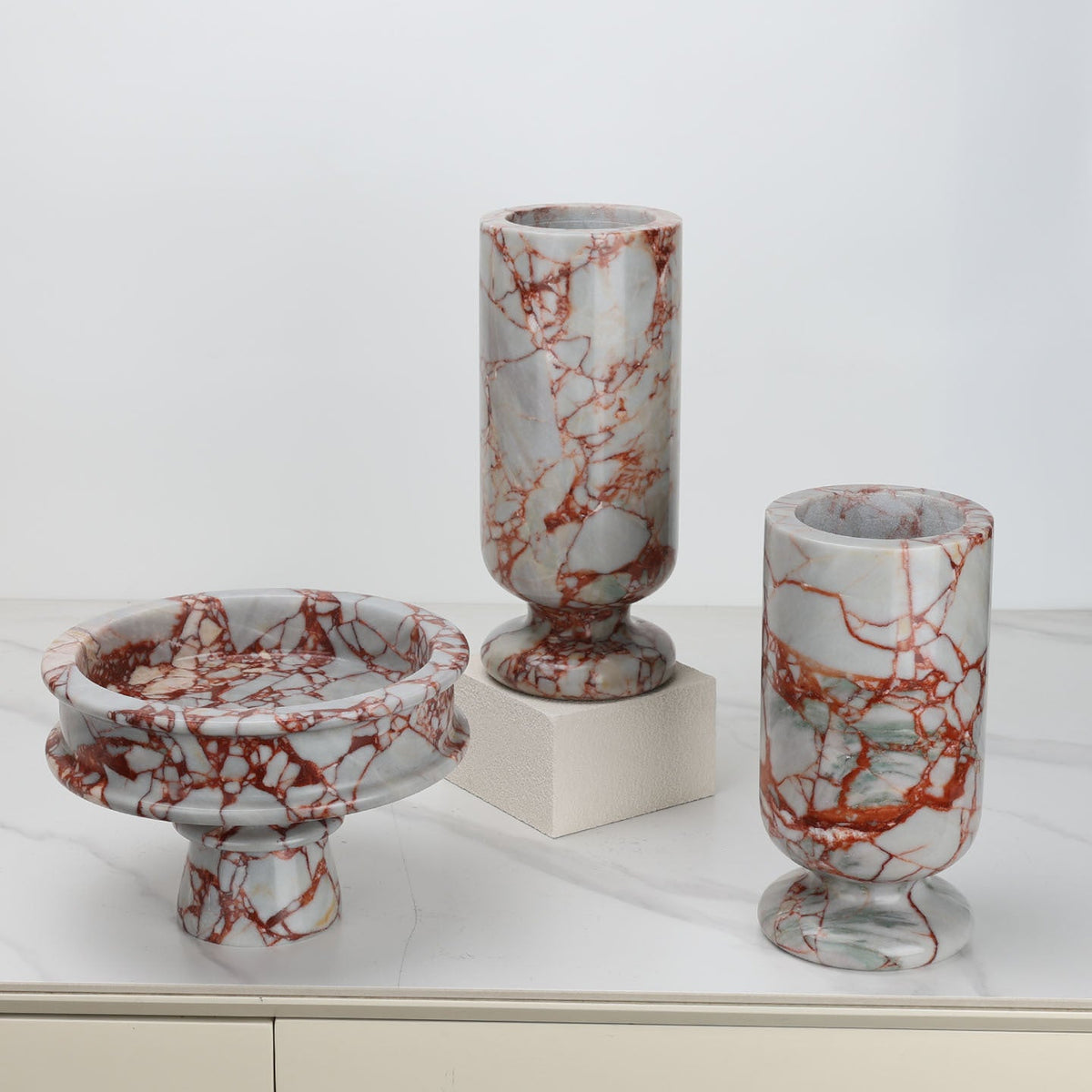Vase in Solid Natural Marble with Round Pedestal Base, Cylindrical Shape