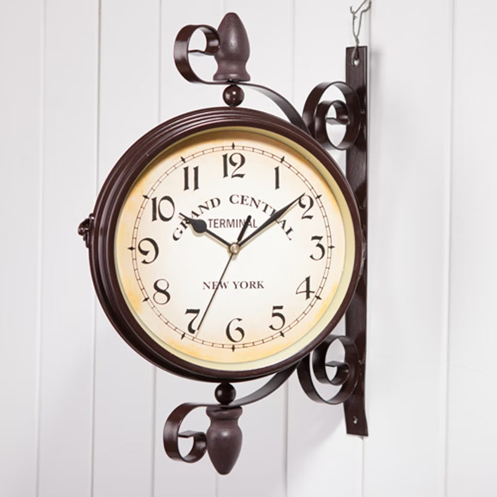 Wall Clock in Metal, Double-Sided Station Style with Silent Movement
