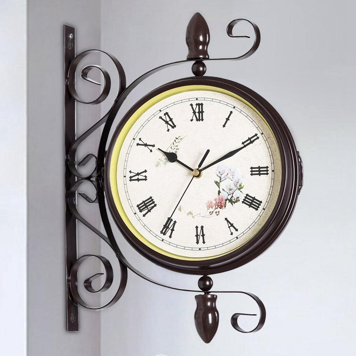 Wall Clock in Metal, Double-Sided Station Style with Silent Movement