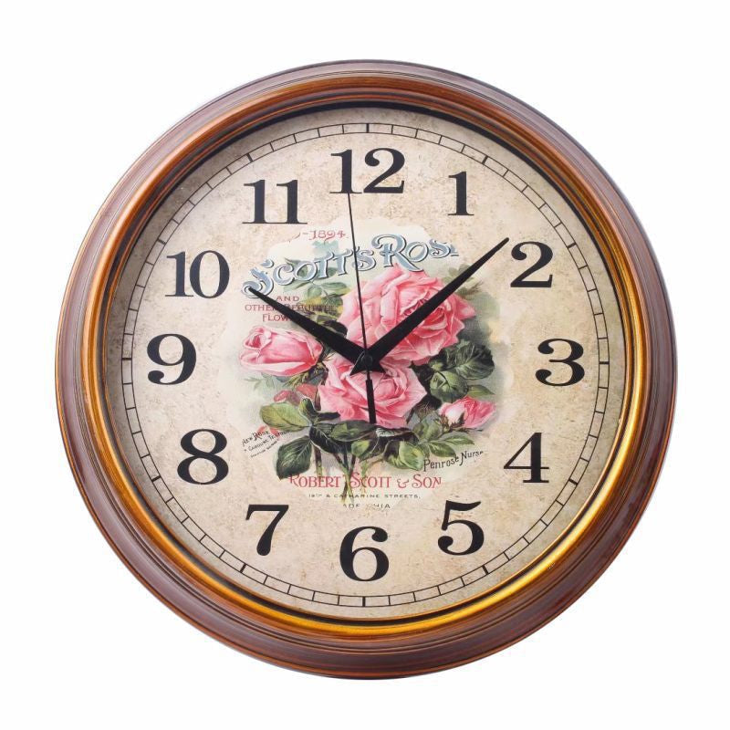 Wall Clock with Large Numerals, Round Wood-Effect Frame and Floral Dial