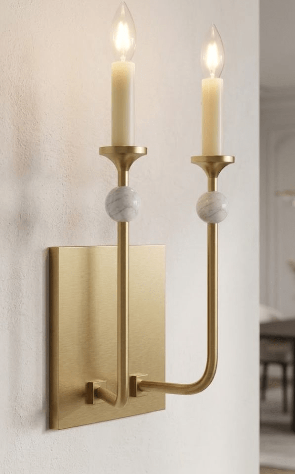Wall Light in Metal with Marble Spheres, Candle-Style Sconce
