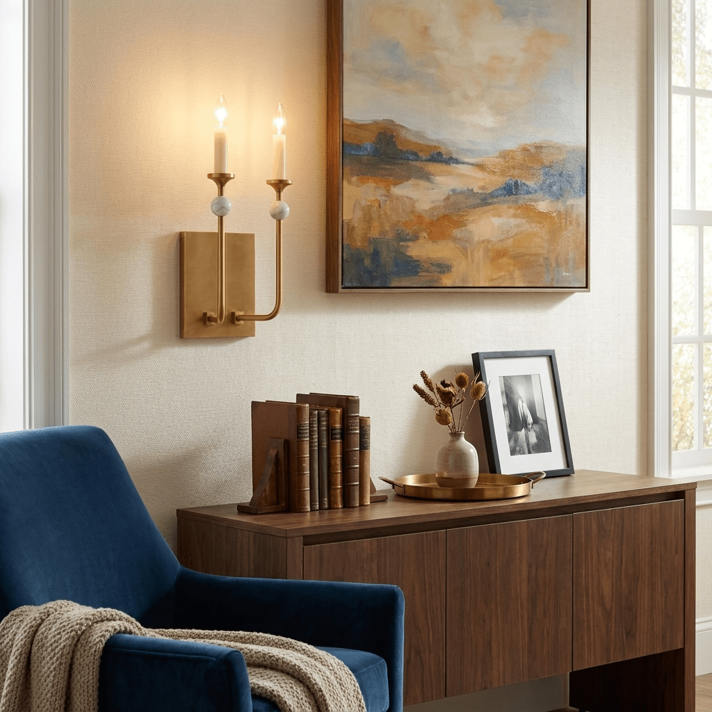 Wall Light in Metal with Marble Spheres, Candle-Style Sconce
