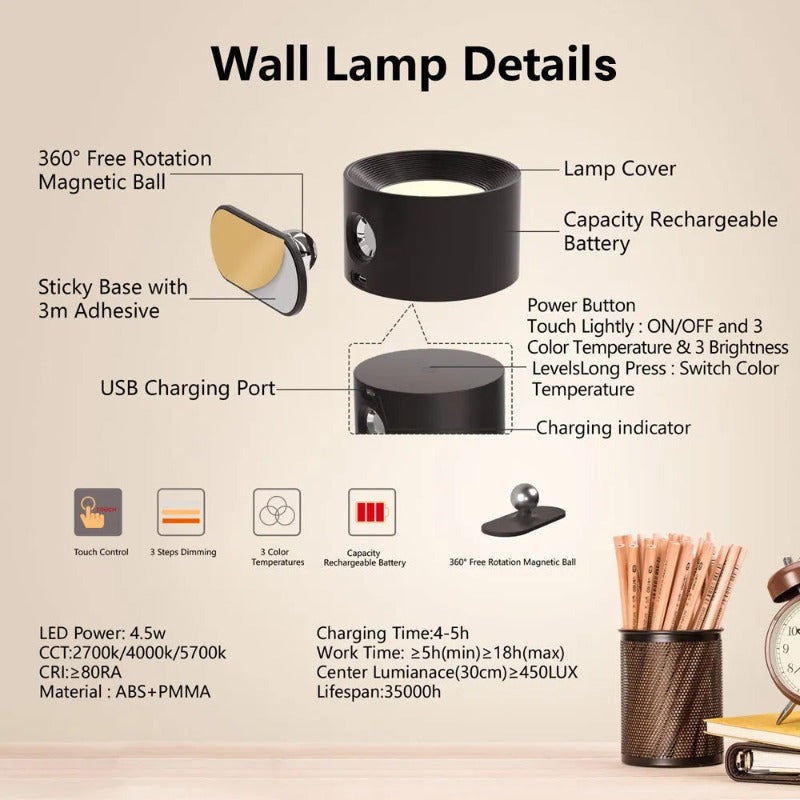 Wall Light with Aluminium Shade, Magnetic and Dimmable