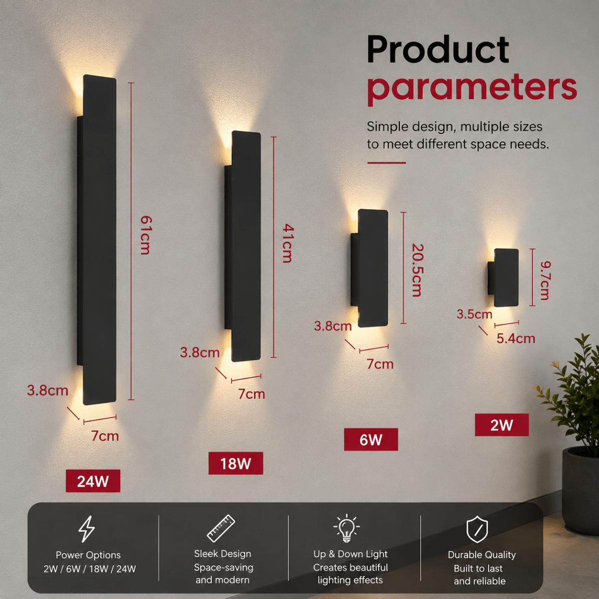 Wall Light with Energy-Efficient LED, Indoor and Outdoor Versions