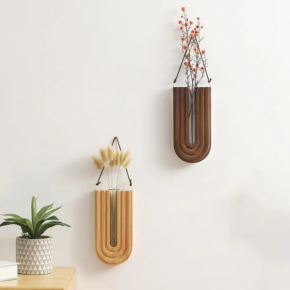 Wall Vase with Handmade Wooden Frame and Removable Ribbed Glass Tube