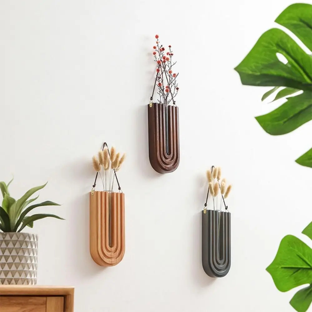 Wall Vase with Handmade Wooden Frame and Removable Ribbed Glass Tube