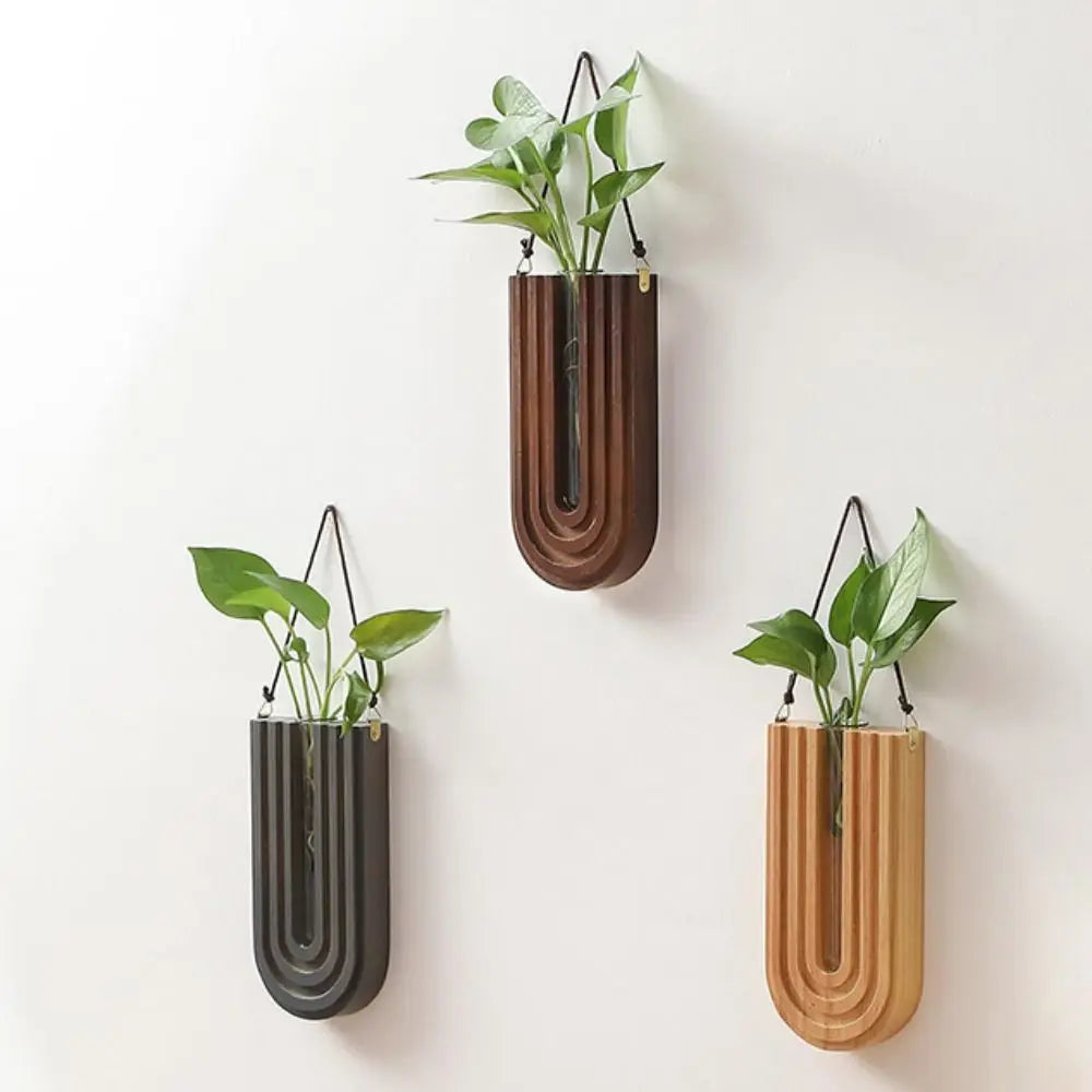 Wall Vase with Handmade Wooden Frame and Removable Ribbed Glass Tube