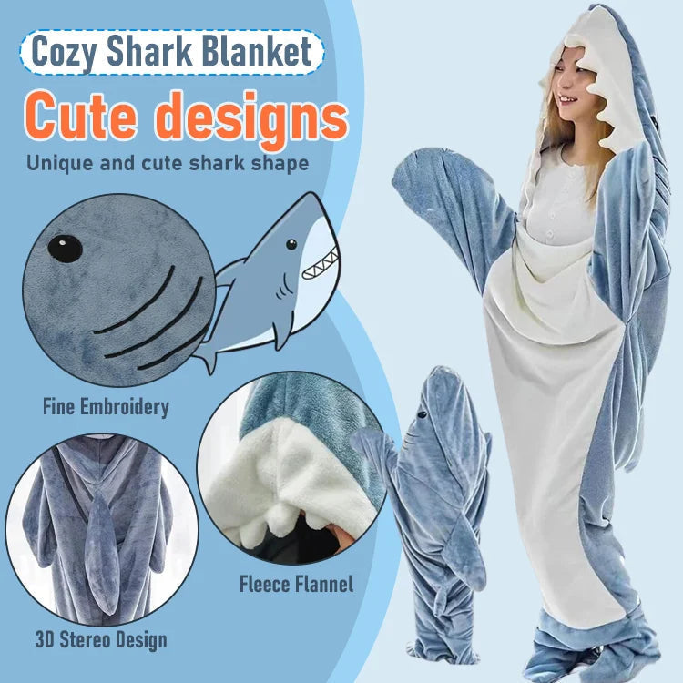Wearable Blanket in Flannel with Sleeves and Shark-Shaped Hood
