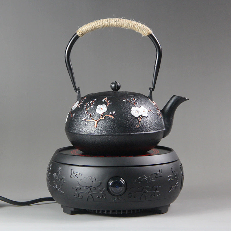 Cast Iron Teapot with Cherry Blossom Decoration and Tea Stove, Living Room Tea Set