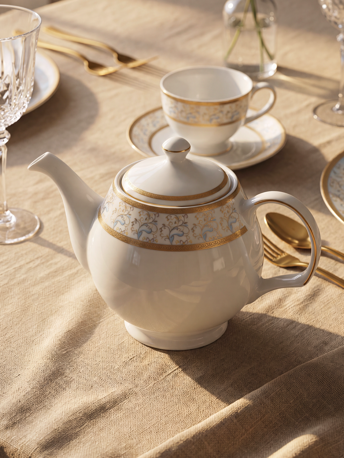 Teapot in Porcelain with Milk Jug, Rounded Shape and Floral Gold Decoration