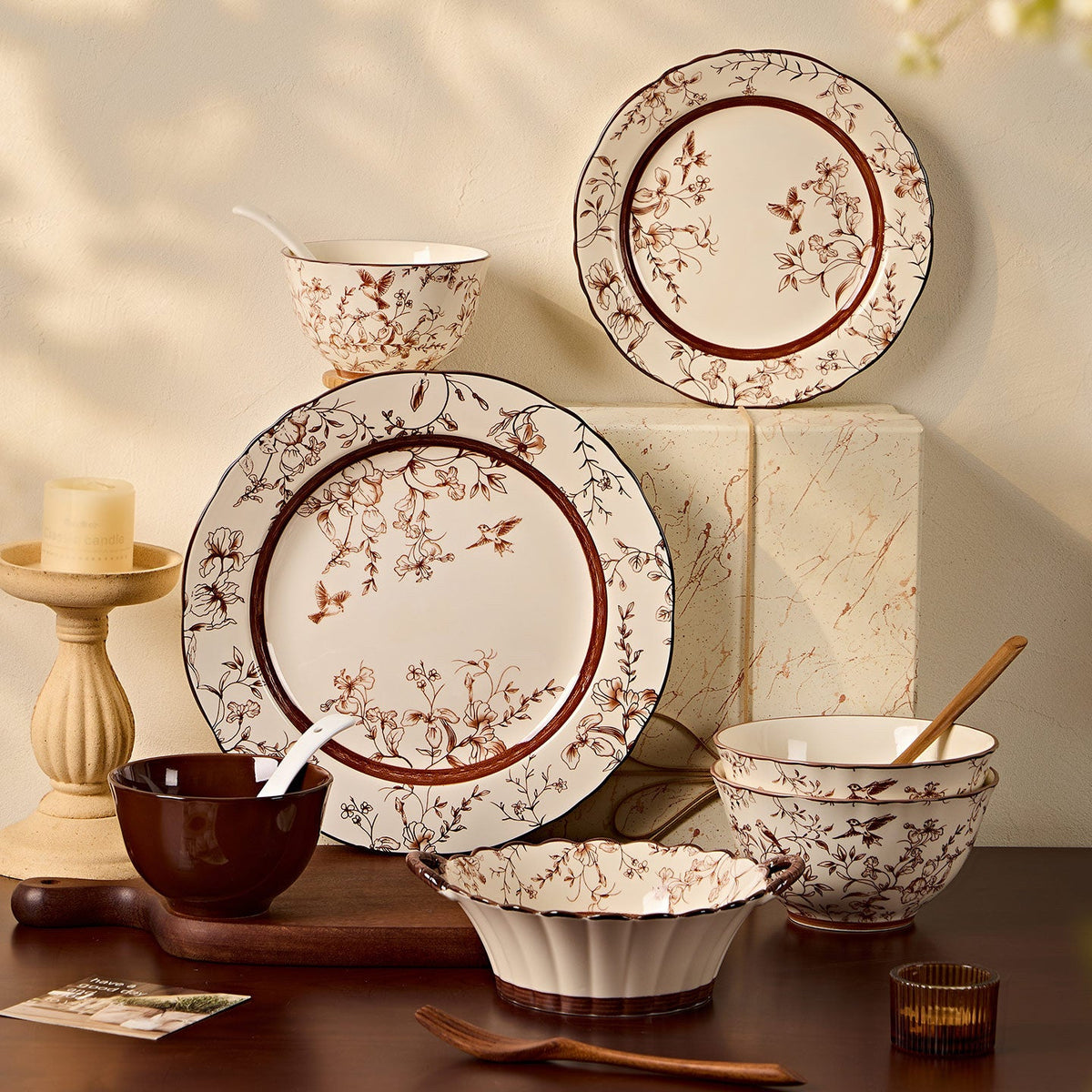 Ceramic Dinnerware Set with Underglaze Floral Decoration