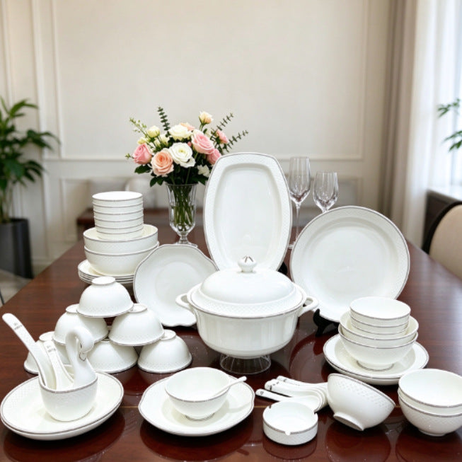 Fine Bone China Dinnerware Set with Silver Rim, Dining Room Tableware