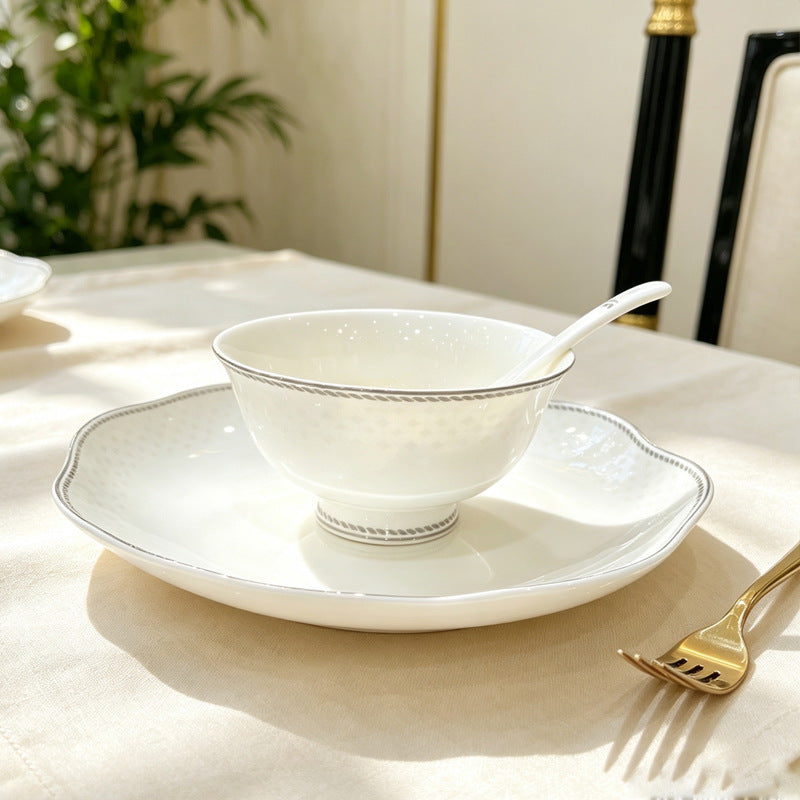 Fine Bone China Dinnerware Set with Silver Rim, Dining Room Tableware