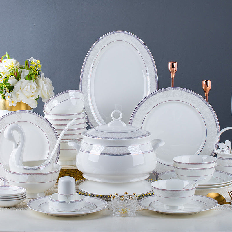 Bone China Dinner Set with Lavender Decorative Border
